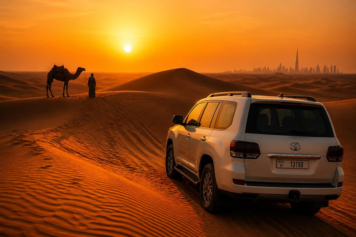 Desert safari with camel and 4x4 at sunset