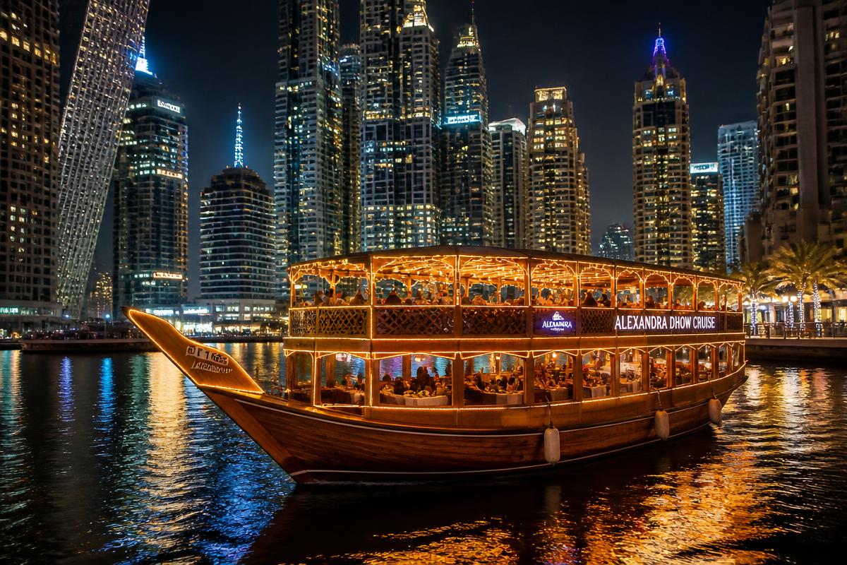 Traditional dhow cruise in Dubai Marina at night