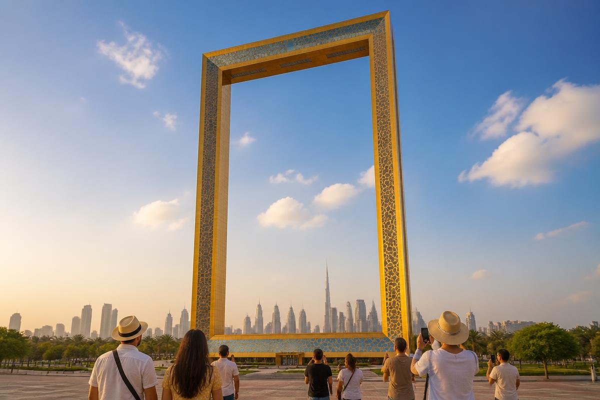 Dubai Frame landmark with city skyline visible through frame