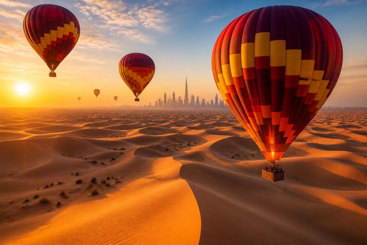 Hot air balloons over Dubai desert at sunrise